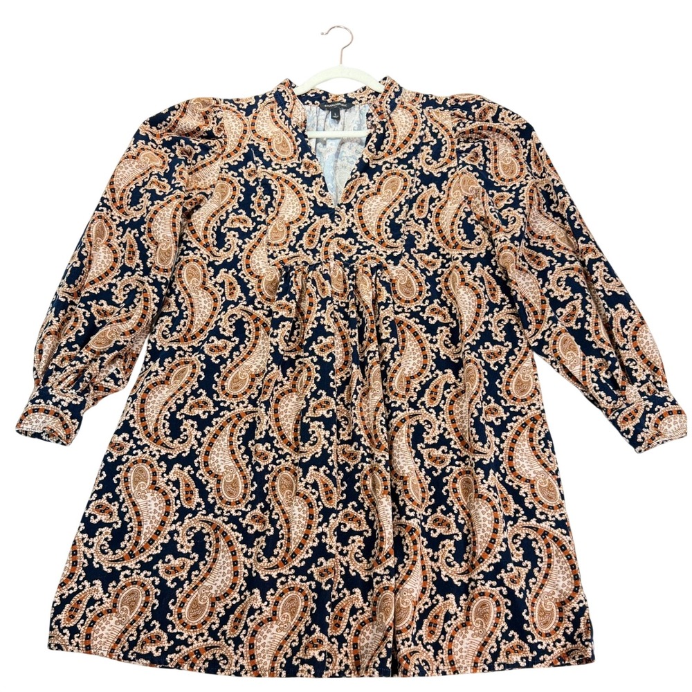 Banana Republic Paisley Corduroy L Mini Dress Navy Rust Cottage Babydoll V L/S